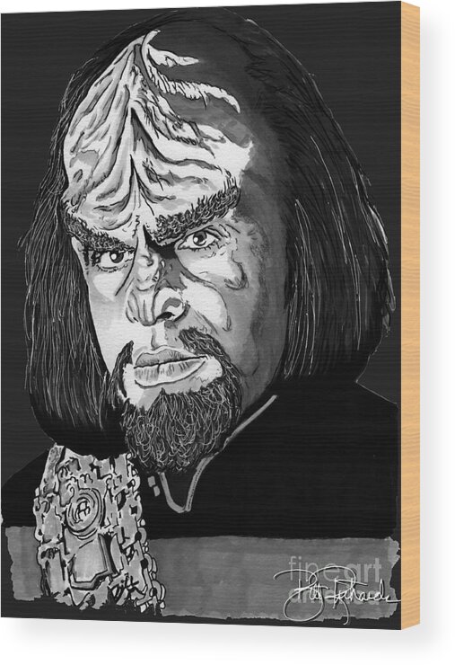 Worf Wood Print featuring the drawing Worf by Bill Richards