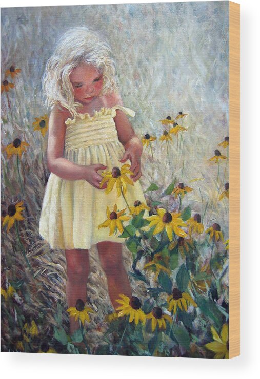 Yellow Sundress Wood Print featuring the painting Yellow Dress and Coneflowers by Marie Witte