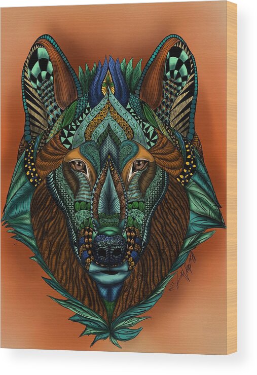 Zentangle Wood Print featuring the painting Zentangle Inspired Art- Wolf Colored by Becky Herrera