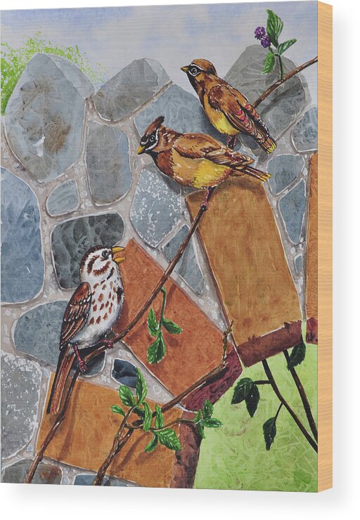 005 Song Sparrow And Cedar Waxwings Wood Print featuring the painting 005 Song Sparrow And Cedar Waxwings by Charlsie Kelly