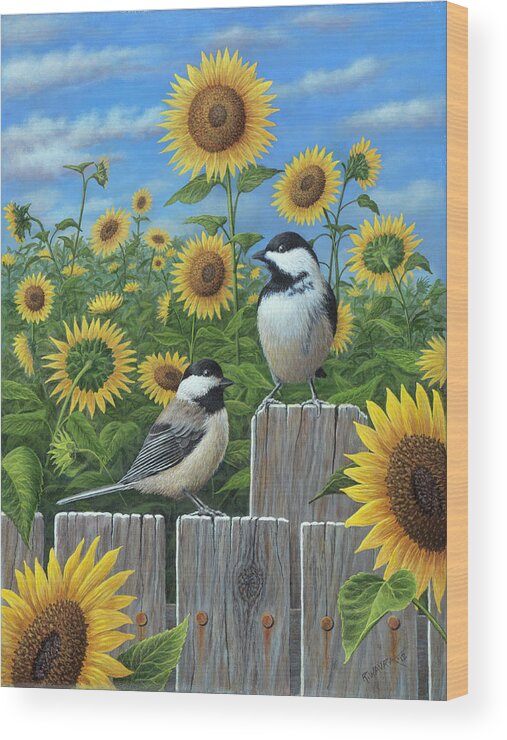 Chickadees And Sunflowers Wood Print featuring the photograph Chickadees And Sunflowers #1 by Robert Wavra