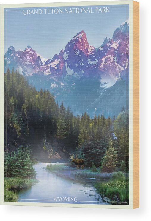 Grand Tetons Wood Print featuring the mixed media Grand Tetons #1 by Old Red Truck