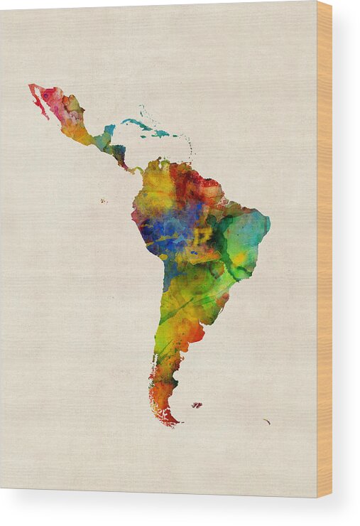 Latin America Wood Print featuring the digital art Latin America Watercolor Map #1 by Michael Tompsett