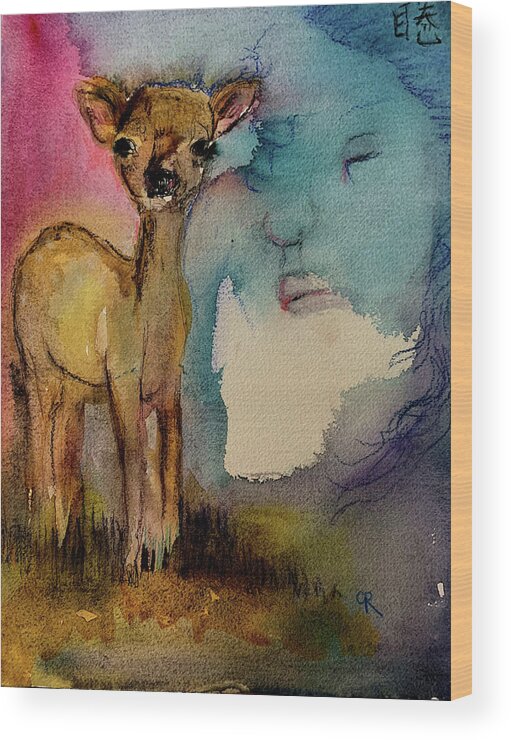 Deer. Fawn. Animal Wood Print featuring the mixed media Oh Deer #1 by Cynthia Richards