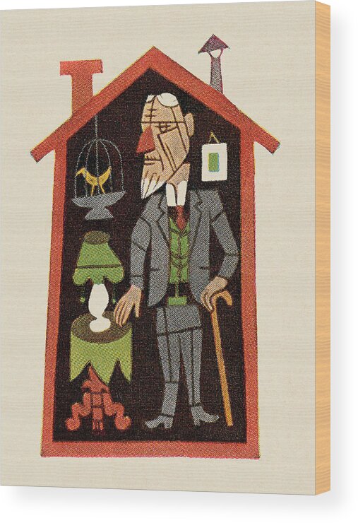 Adult Wood Print featuring the drawing Old Man in Tiny House #1 by CSA Images