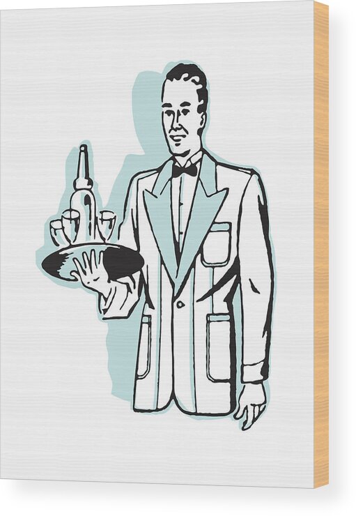 Alcohol Wood Print featuring the drawing Waiter with Bottle Service #1 by CSA Images
