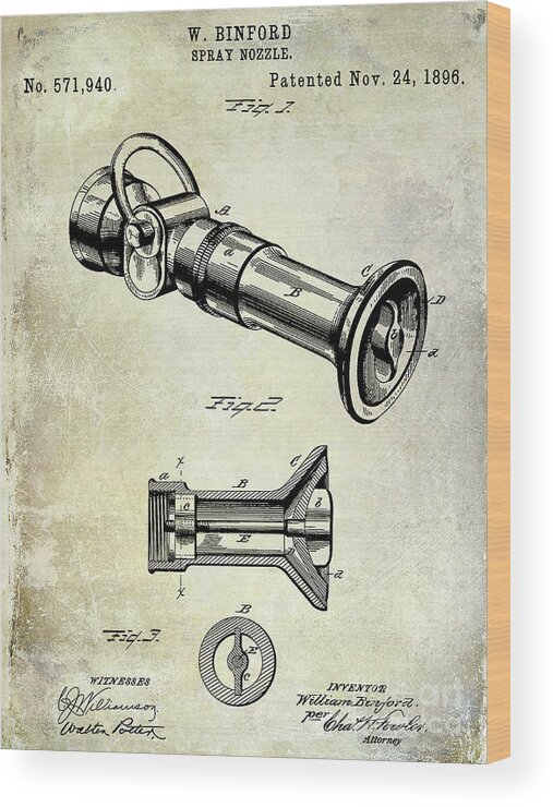 Fire Hydrant Wood Print featuring the photograph 1896 Fire Hose Spray Nozzle Patent by Jon Neidert