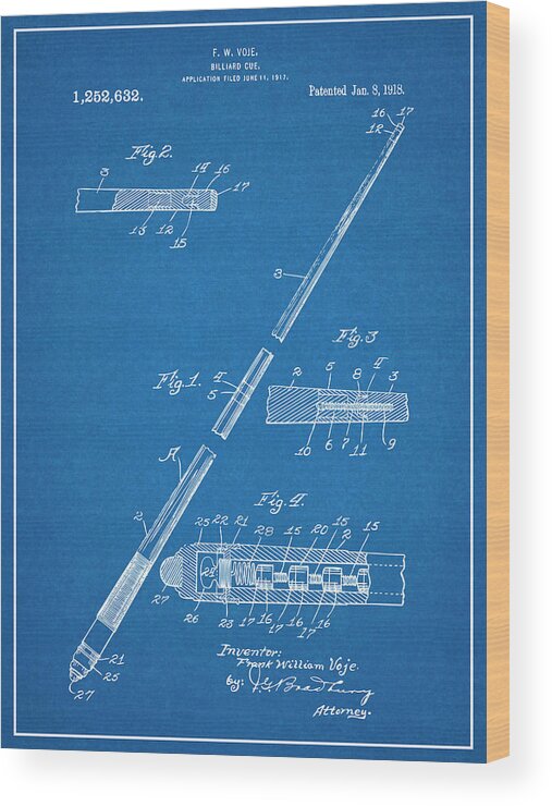 1917 Billiard Pool Cue Patent Print Wood Print featuring the drawing 1917 Billiard Pool Cue Blueprint Patent Print by Greg Edwards