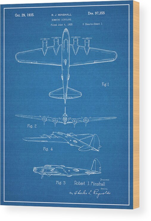 1935 B17 Flying Fortress Patent Print Wood Print featuring the drawing 1935 B17 Flying Fortress Blueprint Patent Print by Greg Edwards