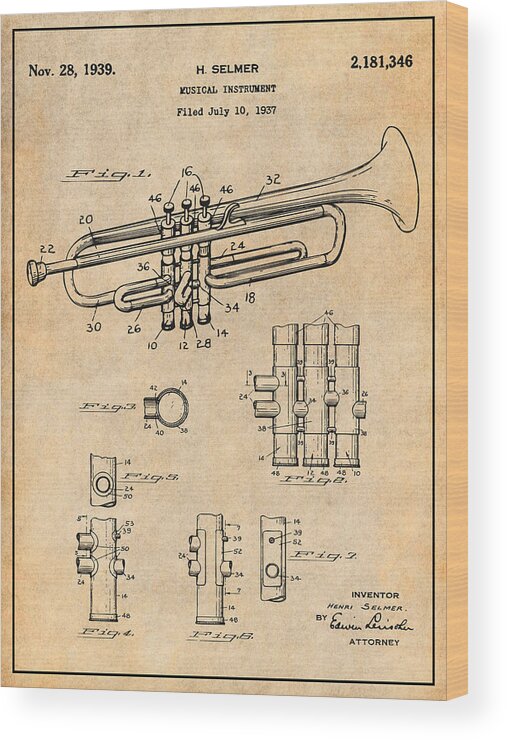 1937 Trumpet Patent Print Wood Print featuring the drawing 1937 Trumpet Antique Paper Patent Print by Greg Edwards