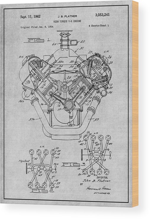 1954 Chrysler 426 Hemi V8 Engine Antique Paper Patent Print Wood Print featuring the drawing 1954 Chrysler 426 Hemi V8 Engine Gray Patent Print by Greg Edwards