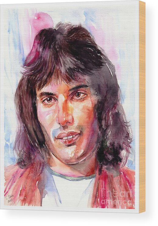 Freddie Wood Print featuring the painting Freddie Mercury portrait #4 by Suzann Sines
