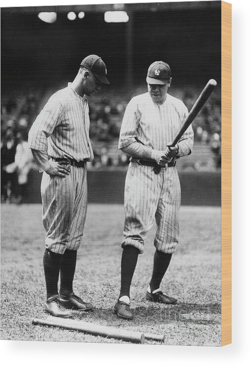 American League Baseball Wood Print featuring the photograph Babe Ruth Lou Gehrig 1923 by Transcendental Graphics