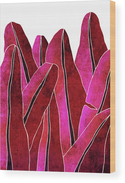Leaf Wood Print featuring the mixed media Banana Leaf - Purple, Red - Tropical Leaf Print - Botanical Art - Abstract - Modern, Minimal Decor by Studio Grafiikka