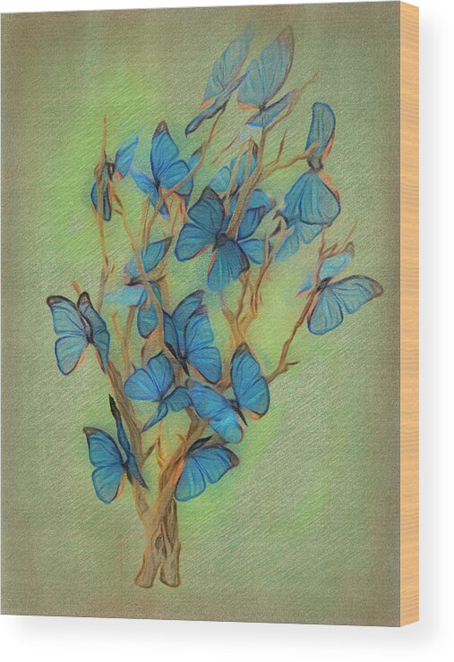 Butterflies Wood Print featuring the digital art Blue Butterfly Tree by Leslie Montgomery