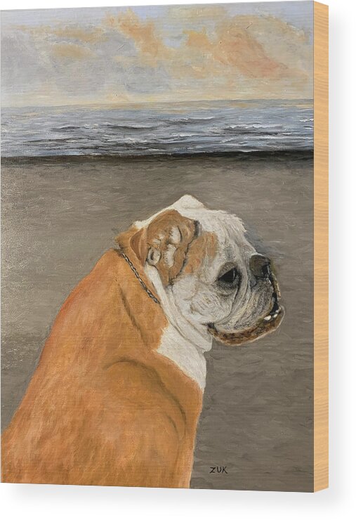 Dog Wood Print featuring the painting Bulldog on The Beach by Karen Zuk Rosenblatt