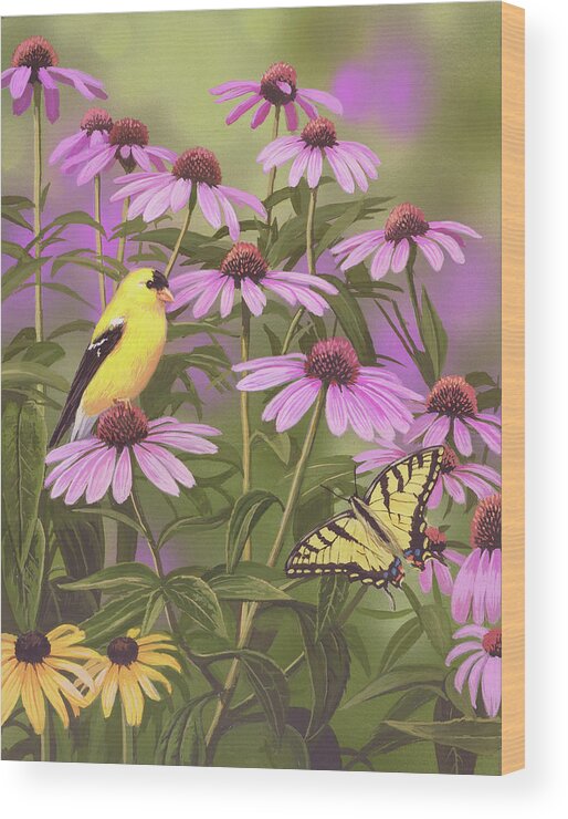 Bird Wood Print featuring the painting Butterfly & Finch Amongst Flowers by William Vanderdasson