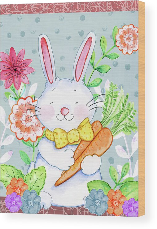 Carrots And Bunny Wood Print featuring the mixed media Carrots And Bunny by Valarie Wade