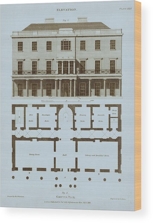 Architecture Wood Print featuring the painting Chambray House & Plan II by Thomas Kelly