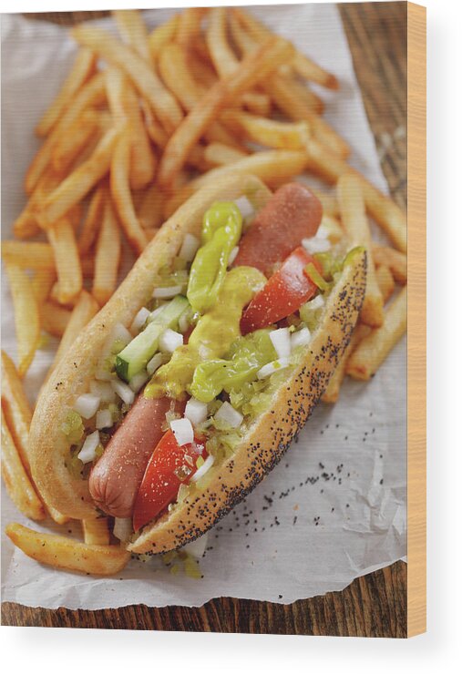 Pub Food Wood Print featuring the photograph Classic Chicago Dog With Fries by Lauripatterson