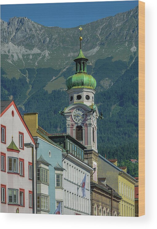 Austria Wood Print featuring the photograph Clock Tower of Innsbruck by Marcy Wielfaert