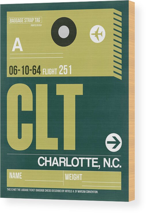 Vacation Wood Print featuring the digital art CLT Charlotte Luggage Tag II by Naxart Studio