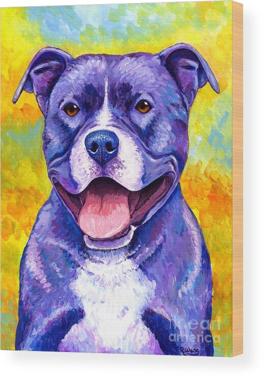Pitbull Wood Print featuring the painting Peppy Purple Pitbull Terrier Dog by Rebecca Wang