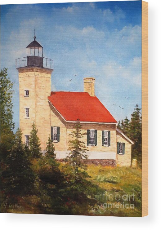 Copper Harbor Lighthouse Wood Print featuring the painting Copper Harbor Lighthouse by Lee Piper