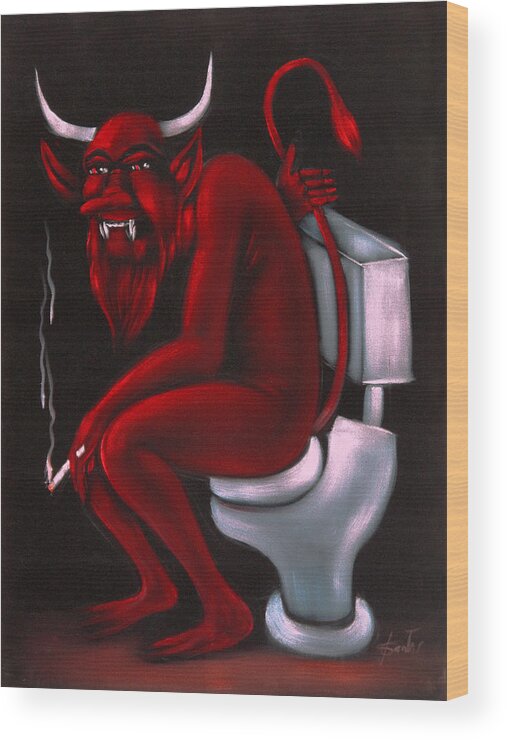 Devil On The Wood Print featuring the painting Devil on the toilet Bano bathroom shitter can Satan Mexican Restroom by Santos