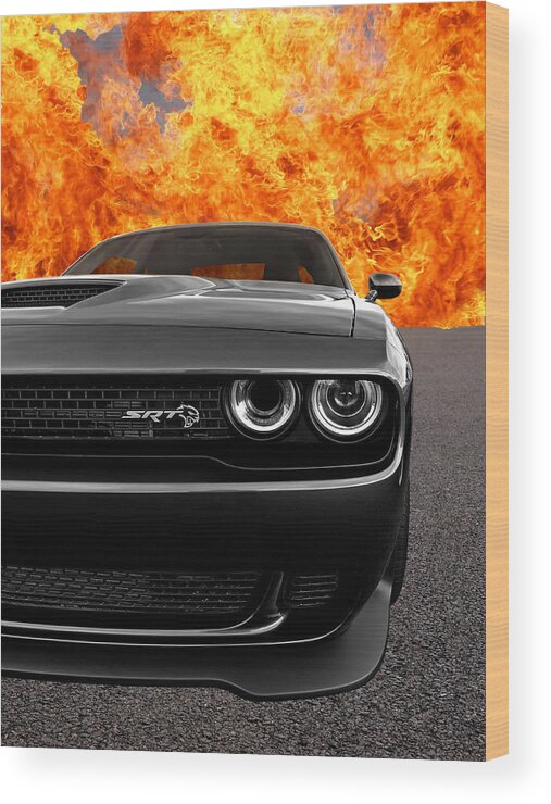 Dodge Wood Print featuring the photograph Dodge Hellcat SRT With Flames by Gill Billington