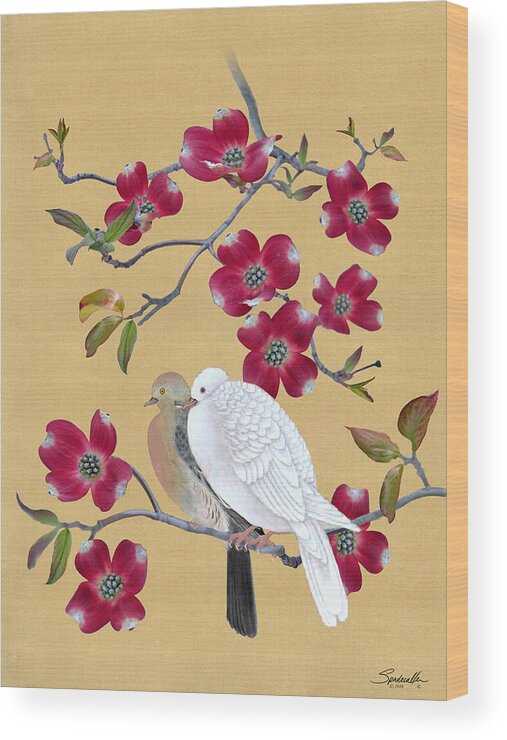 Doves Wood Print featuring the digital art Doves In Red Dogwood Tree by M Spadecaller