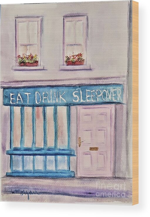 Pub Wood Print featuring the painting Eat Drink Sleepover by Laurie Morgan