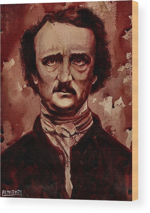 Ryanalmighty Wood Print featuring the painting EDGAR ALLAN POE dry blood by Ryan Almighty