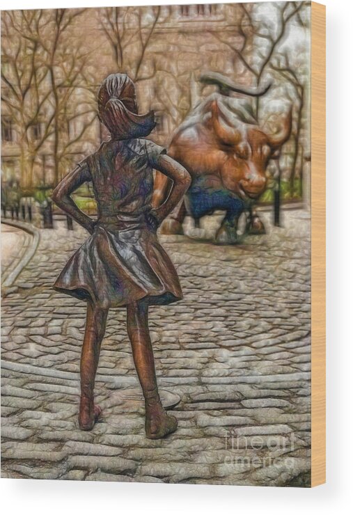 Computer Wood Print featuring the photograph Vintage Fearless Girl and Wall Street Bull Statue #3 by Doc Braham