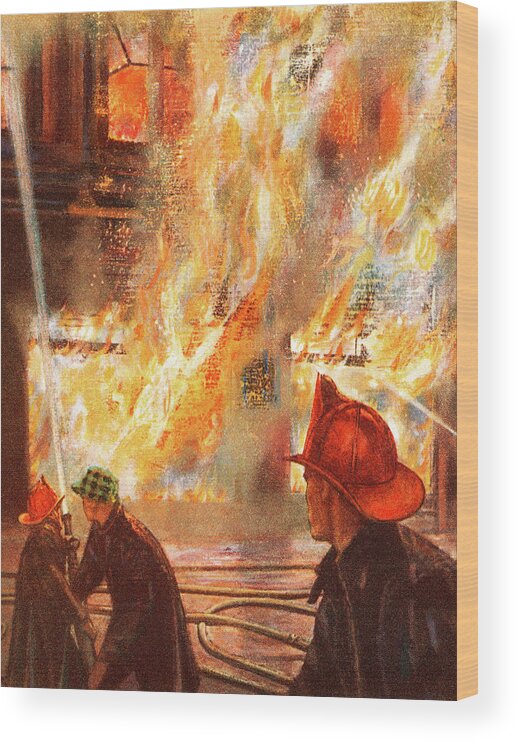 Accident Wood Print featuring the drawing Firefighters Fighting Building Fire by CSA Images