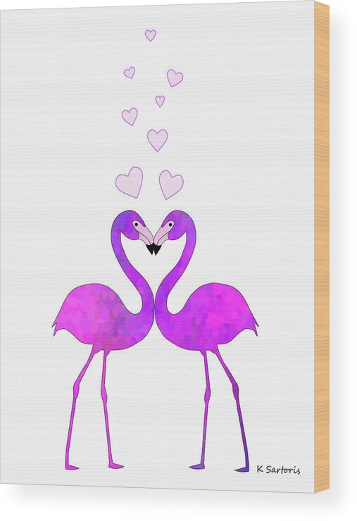 Flamingo Love Connection Wood Print featuring the mixed media Flamingo Love Connection by Sartoris Art