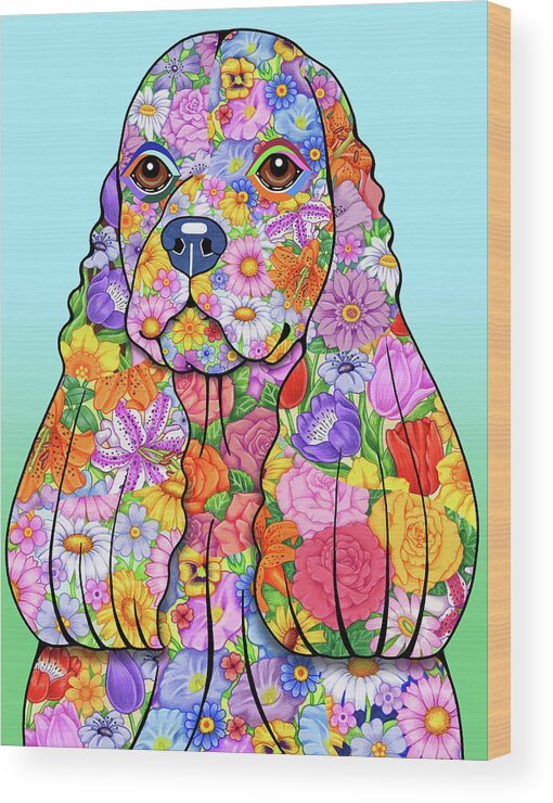 Cocker Spaniel Wood Print featuring the mixed media Flowers Cocker Spaniel by Tomoyo Pitcher