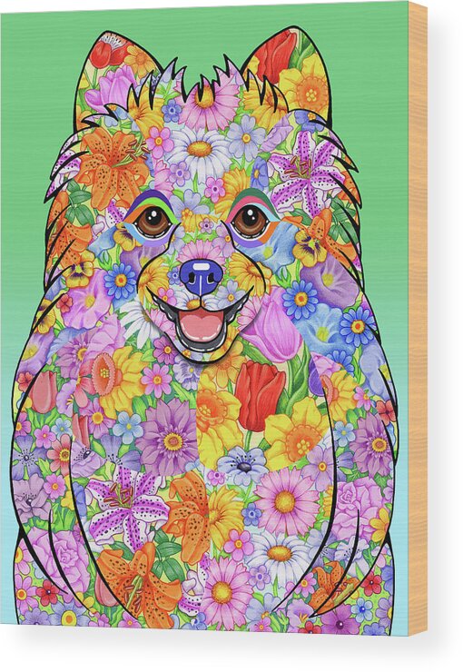 Pomeranian Wood Print featuring the mixed media Flowers Pomeranian by Tomoyo Pitcher