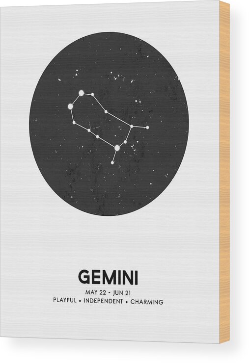 Gemini Wood Print featuring the mixed media Gemini Print - Zodiac Signs Print - Zodiac Posters - Gemini Poster - Night Sky - Gemini Traits by Studio Grafiikka