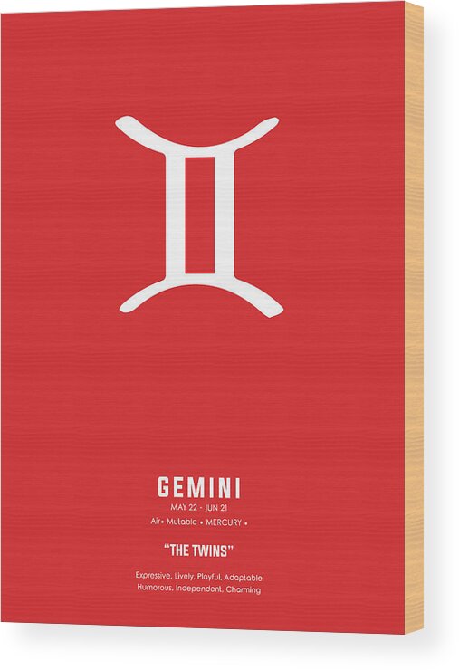 Gemini Wood Print featuring the mixed media Gemini Print - Zodiac Signs Print - Zodiac Posters - Gemini Poster - Red and White - Gemini Traits by Studio Grafiikka