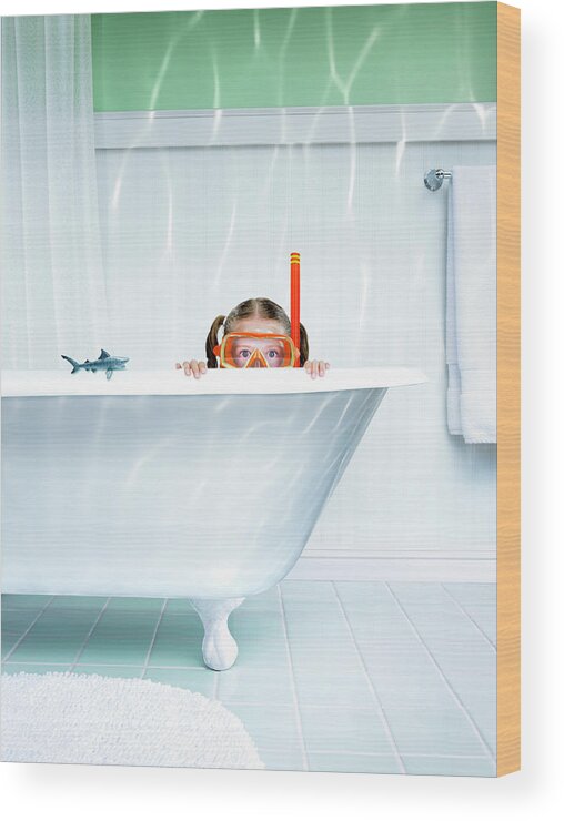 8-9 Years Wood Print featuring the photograph Girl 8-9 In Bathtub Wearing Scuba Mask by Stephen Swintek