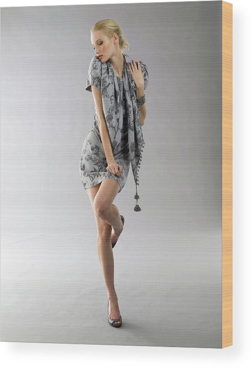 Cool Attitude Wood Print featuring the photograph Girl In Grey Dress Dancing by Ray Kachatorian