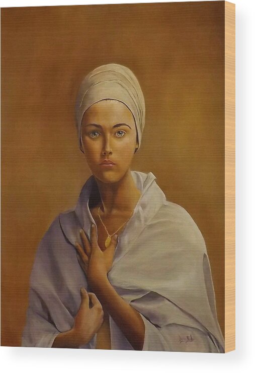 Figurative Wood Print featuring the painting Girl With A Turban by Barry BLAKE