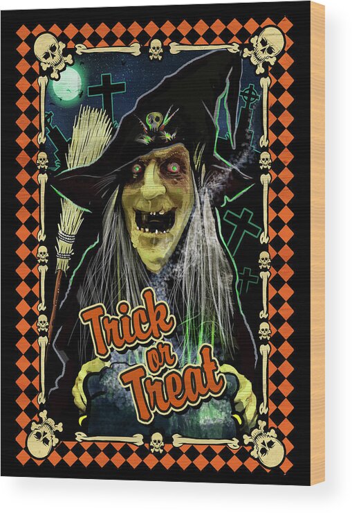 Graveyard Witch: Trick Or Treat Wood Print featuring the digital art Graveyard Witch: Trick Or Treat by Ali Chris
