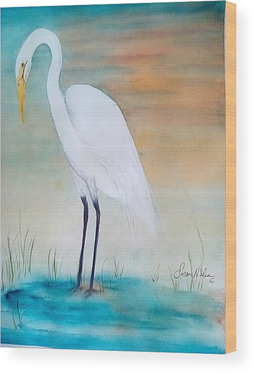 Vibrant Sunset White Egret Wood Print featuring the painting Great Egret by Susan Nielsen