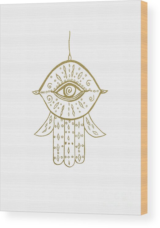 Ink-pen Wood Print featuring the mixed media Hamsa Hand Gold on White #1 #drawing #decor #art by Anitas and Bellas Art