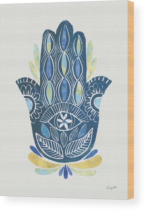 Blue Wood Print featuring the mixed media Hamsa II Collage by Courtney Prahl