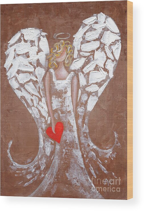 Angel Wood Print featuring the painting Heard on High Angel - brown heart by Annie Troe