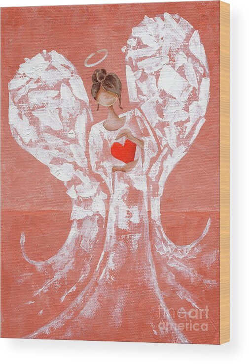 Angel Wood Print featuring the painting Heard on High Angel - rust orange heart by Annie Troe