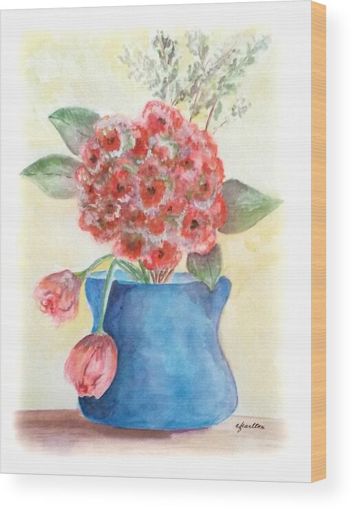 Vase Wood Print featuring the painting Hydrangea and Roses by Claudette Carlton